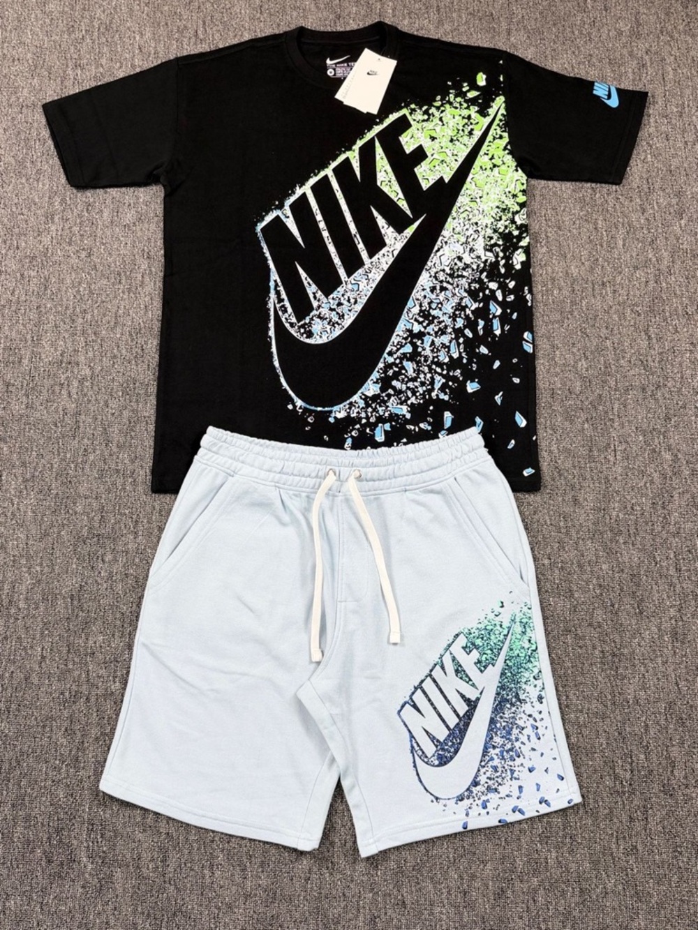 Nike Black Tee with Neon Green & Light Blue Shorts Set
